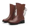 Botas Femininas de Couro Macio Marrom Retrô com Salto Bloco na Altura da Panturrilha Salto Médio Estilo Novo Outono Inverno Botas de Cano Curto com Salto Alto Moda Meia-Bota 26