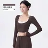Conjunto de Roupas de Yoga Color Block com Sensação de Pele, Manga Longa, Semi-Fixas, para Corrida, Slim-Fit, Esportivo, com Decote Halter, Respirável, para Pilates e Fitness