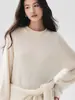 Suéter de cachemira de estilo perezoso con cuello semi-alto para mujer, color liso, longitud media, corte holgado, suéter de punto de manga larga, suéter de lana simple
