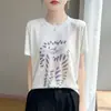 Verão Novo Feminino Lyocell Gola Redonda Blocos de Cor Jacquard Manga Curta Camiseta Casual Solta Modeladora Moda Top Malha