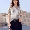 Nueva Llegada de Verano Camiseta de Punto de Manga Corta Rayada de Tencel Baijiahao para Mujer, Mezcla de Lino de Verano, Cuello Redondo, Dobladillo Enrollado, Top de Corte Holgado