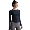 Top de Yoga Feminino Outono e Inverno Camiseta Esportiva Roupa de Treino para Pilates Fitness Manga Longa Alta Elasticidade Gola Redonda Camada Base Outono e Inverno