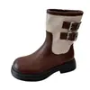 Botas de media pantorrilla, estilo retro bajo con hebilla de cinturón, botas de ciclismo de nicho, nueva versión coreana 2026, estilo británico, bloques de color, puntera redonda, para mujer
