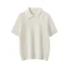 Suéter Feminino de Caxemira com Manga Meia-Manga e Gola Polo, Blusa Tricô Casual de Manga Curta, Caimento Solto, Peça Básica Versátil
