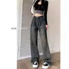 Jeans de Pierna Ancha Color Gris Cemento para Mujer Otoño e Invierno Nuevos Cuerpo en Forma de Pera chica rellenita Holgados talla grande Cintura Alta Pantalones Rectos Adelgazantes