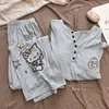 Nuevo conjunto de pijama de manga larga acanalado de seda helada con almohadillas en el pecho para mujer, nuevo estilo de primavera y otoño, conjunto de ropa para el hogar de gato perezoso