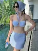 Nuevo Traje de Baño de Dos Piezas a Rayas para Mujer, Bikini Dulce de Niña Cuatro Piezas, Bikini Estilo Falda Adelgazante para Vacaciones
