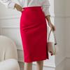 Saia Feminina de Outono para o Trabalho Cintura Alta com Bolsos Cor Sólida Fenda Lateral Saia Lápis Fashion para Mulheres Plus Size
