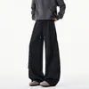 Calça de moletom pesada desconstruída cinza escuro para homens, calças casuais retas largas estilo americano de outono, calças esportivas largas e curvas da moda