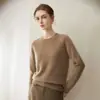 Camada base de malha de cashmere 100% de três fios com gola redonda para mulheres, suéter de manga longa, caimento solto, versátil, quente, com mangas raglã