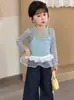 Conjunto de Roupa Íntima Base Estilo Coreano para Meninas, Novo Conjunto de Duas Peças Camiseta Regata Manga Longa Infantil para Primavera e Outono, Top para Bebê