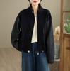 Otoño 2025 Nuevo Top de Lana con Mangas de Mezclilla de Color Contrastante Empalmadas Moda Más Fácil de Combinar Suelto Cuello Alto Top Venta al por Mayor
