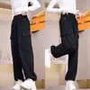 Shanlida DIME Calça de Trabalho Americana Solta Nova Casual Perna Reta Punho Esportiva Emagrecedora Cintura Alta Moda Perna Larga Esportiva