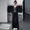 Conjunto de tres piezasAtuendo de primavera y otoño un conjunto completo para mujer 2026 nuevo estilo conjunto de camisola de rayas cárdigan pantalones de pierna ancha