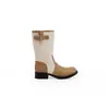 Versión de piel de vaca ~ Color uva, 4 cm de aumento de altura, hebilla de cinturón de color block a la moda, punta redonda, tacón grueso, botas de montar estilo Western hasta la mitad de la pantorrilla para mujer