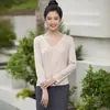 2026 Nueva Camisa Base de Seda para Mujer Cuello en V Jersey de Encaje Ajustado Camiseta Superior Sencillo Ajustado para Mujer