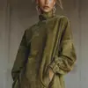 2025 Nuevo Sitio Independiente Transfronterizo Europeo y Americano Vestido de Manga Larga Suelto Retro de Gamuza con Cuello Alto y Bolsillo con Borla