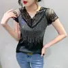 Foto Real Pronta Entrega Verão 2023 Nova Sexy Renda Recortada Brilhante Diamante Manga Curta Slim Moda Camiseta para Mulheres