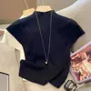 Suéter Feminino Elegante de Cor Sólida com Gola Meia-alta e Mangas Curtas tipo Asa de Borboleta 2025 Verão Novo Lindo Base Slim
