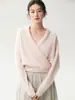 Diseño de estilo francés, colección de otoño 2026: suéter de punto para mujer con cuello en V, cruzado, manga corta, suéter de cachemira de manga larga