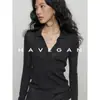 Camiseta de tricô com gola lapela e manga longa HAVEGAN/outono para mulheres, corte justo, com lã, top base estilo old money