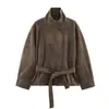 Venta al por mayor transfronteriza de ropa para mujer: Chaqueta de trabajo de ante sintético, elegante y sencilla, de manga larga, cuello alto y cinturón, 2026