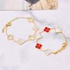 Pulsera de concha blanca estilo chino con flor de cuatro hojas y carácter fu, acero de titanio hueco, diamantes adhesivos, pulsera de la suerte para novias, regalo de recuerdo para pareja