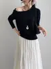 Fada da Primavera~Design Estilo Coreano Borda Franzida Manga Longa Uma Alça Camiseta para Mulheres, Blusa Emagrecedora e Elegante E3525