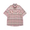 Camisa Xadrez de Manga Curta Estilo Americano Retrô Dachshund Letra Bordada Verão Masculina Solta Estilo Preguiçoso Camisa de Casal