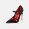 Nuevos zapatos de tacón alto de suela roja transfronterizos para desfiles de moda de modelos, zapatos Mary Jane de correa única con punta de aguja y hebilla de charol de tacón de aguja