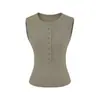Venta al por mayor de ropa para mujer transfronteriza: nuevo estilo de verano, top sin mangas con cuello Henry de varios botones para mujer, estilo nicho para chicas a la moda