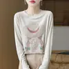 Nuevo estilo de verano jersey de punto fino estampado de cuello redondo con diseño de sombrero de paja, versátil, moderno, casual y elegante top de punto para mujer