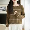 Suéter de seda a rayas de estilo suave y brillante para mujer, cuello redondo, holgado, ajustado, tejido de punto, versátil para primavera y otoño, se puede usar solo o como capa base