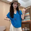 Camiseta de punto corta de manga corta estilo coreano con cuello en V azul Klein para mujer, estilo fino de verano, adelgazante, holgada y rejuvenecedora