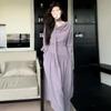 Vestido Coreano de Otoño Verde Elegante de Manga Larga con Cuello Drapeado y Estilo Moderno para Mujeres Menudas, Adecuado para Ir al Trabajo, Vestido Largo de Corte A