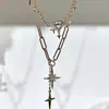 Collar de Corazón de Doble Capa y Estrella de Ocho Puntas para Mujer Cadena Gruesa de Eslabones de Clip Colgante de Corazón y Estrella de Cuatro Puntas Dulce Fresco