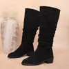 Comércio exterior plus size 2026 outono e inverno botas femininas longas com salto baixo grosso, bico fino, afunilamento estampa de leopardo slip-on botas de montaria para mulheres