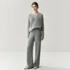 Pantalones casuales de punto de cachemira de bebé, fluidos y estructurados para mujer, de cintura alta, pierna ancha con costura central, corte holgado, diseño de pierna recta para otoño e invierno
