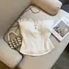 Top de Tirantes sin Hombros de Punto con Adorno de Encaje Estilo Coreano 2026 Nuevo Estilo de Verano Top Sexy Puro Deseo para Mujer en Blanco y Azul