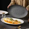 Plato de Cerámica para Pescado Plato Ovalado Plato para el Hogar Creativo Vintage Distintivo Estilo Japonés Vajilla Plato para Pescado al Vapor Patrón de Piedra Plato Plano