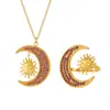 Collar Colgante Anillo de Acero Inoxidable Chapado en Oro Geométrico de Estrella y Luna de Circonita Nuevo Europeo y Americano Conjunto de Joyería para Dama