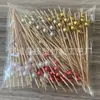 Palitos de Frutas com Contas Douradas Galvanizadas 100 Peças/Pacote Palitos de Cocktail com Contas Prateadas Decoração de Aperitivos Espetos de Bambu 8mm Contas Douradas