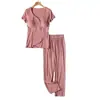 Conjunto de Calça e Blusa de Manga Curta para Maternidade Amamentação Pós-parto Roupas de Resguardo Primavera e Verão Pijamas Gravidez Mamãe Quente Roupas para Casa Atacado