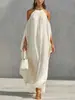 Sitio web independiente transfronterizo ropa de mujer europea y americana cuello halter tira para atar hombros descubiertos color liso gasa dobladillo suelto vestido largo 8237