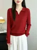 Suéter de tricô gola polo estilo retro coreano old money para mulheres, pulôver solto de manga comprida para primavera e outono