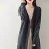 Cardigan longo de tricô grosso resistente, ponto 7, 100% lã, para outono e inverno, com decote V, modelagem solta, estilo coreano, peça de outer wear para mulheres