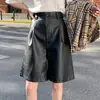 Calças Curtas de Couro PU Femininas 2027 Outono Inverno Calças de Couro PU Lavado Cintura Alta Perna Larga Capris Soltas Emagrecedoras Bootcut Retas Calças de Comprimento Médio