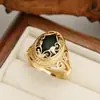 Anillo Retro Imitación Ágata Negra Luochen Europeo y Americano con Diseño Tallado, Lujo Ligero, Elegante, Sofisticado, Joyería