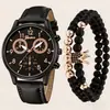 Comercio Exterior Set de Regalo Caja de Tres Piezas para Hombre Reloj de Cuarzo Reloj Casual de Negocios Correa de Cuero Set de 3 Piezas
