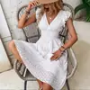 Vestido de Verão 2024 Amazon Aliexpress Europeu e Americano Novo Manga Folha de Lótus Elegante Decote V Emagrecedor Decote Vazado Tamanho Grande